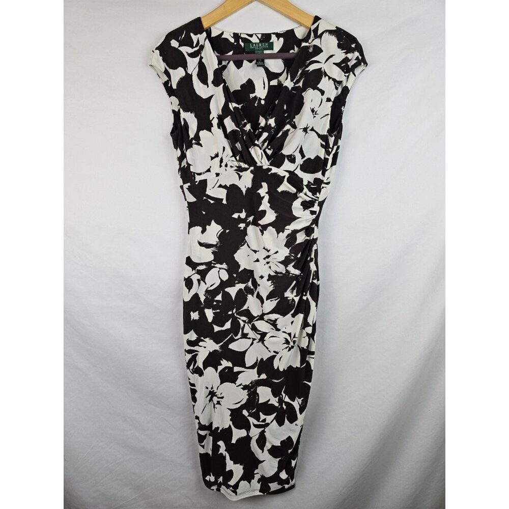 Ralph Lauren Black & White Floral Faux-Wrap Midi Dress